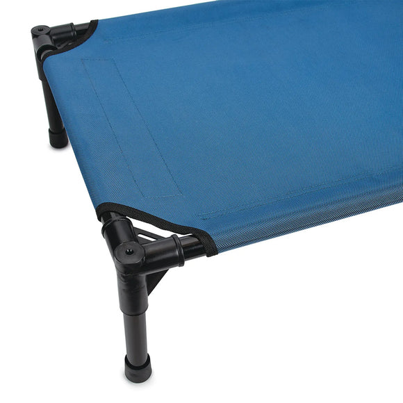 Blue camping cot with black legs on a white background
