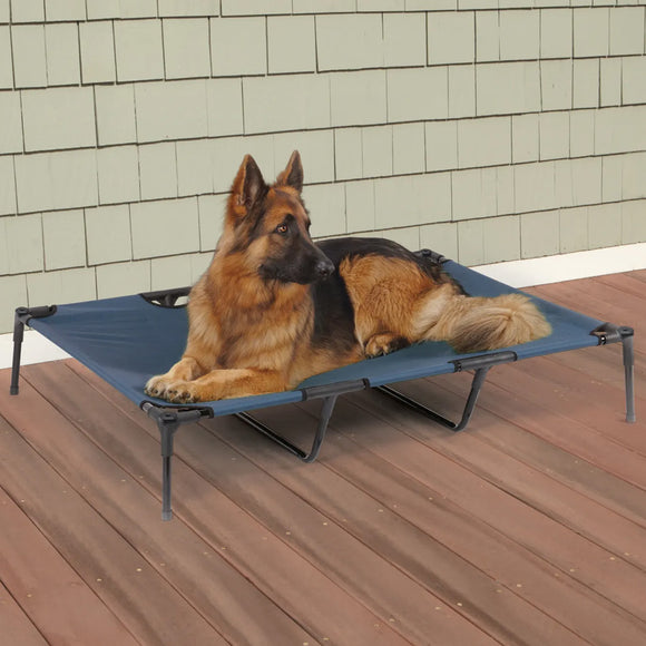 German Shepherd lying on a blue pet cot on a wooden deck.