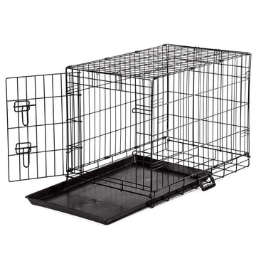 Black metal pet crate with a tray on a white background
