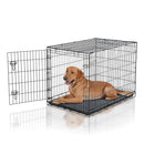 Dog lying inside a black metal dog crate on a white background