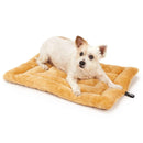 Small white dog lying on a brown pet bed with a white background