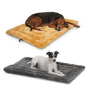 Two dogs on different colored pet mats against a white background
