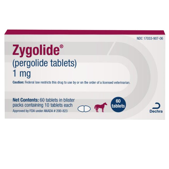 Box of Zygolide pergolide tablets 1 mg on a white background