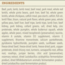 List of ingredients for a pet food product on a beige background