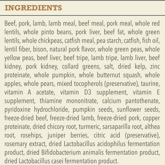 List of ingredients for a pet food product on a beige background