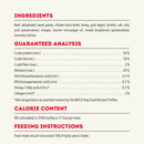 Dog food ingredient list, guaranteed analysis, and feeding instructions on a white background.
