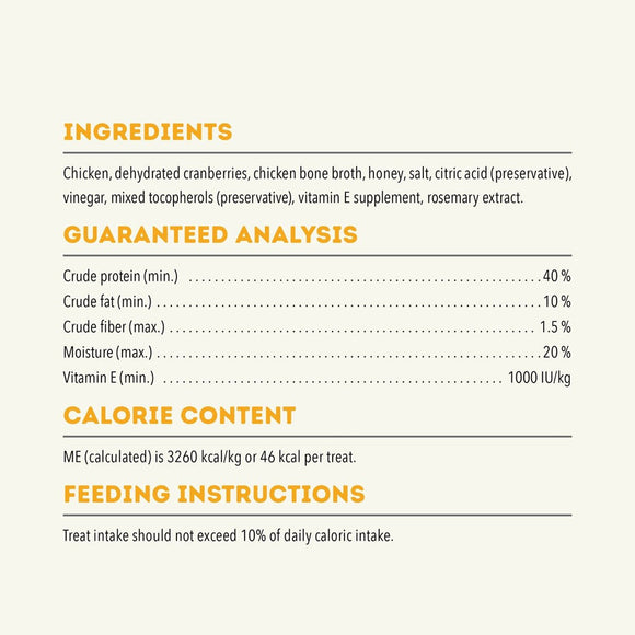 Nutritional label with ingredients, guaranteed analysis, calorie content, and feeding instructions on a white background.