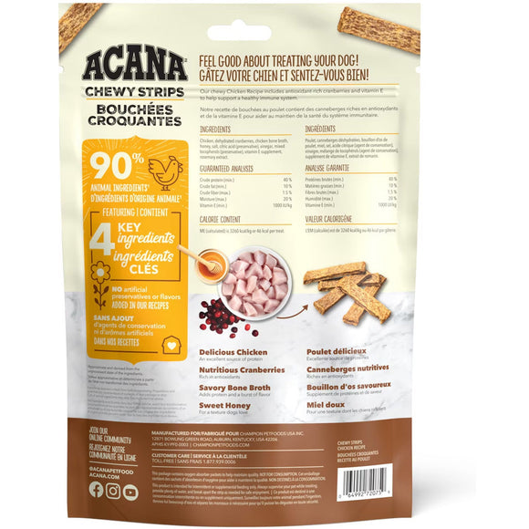 Acana Chewy Strips dog treat package on a white background