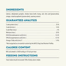 Dog food label with ingredients, guaranteed analysis, calorie content, and feeding instructions.