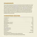 Dog food ingredient list and guaranteed analysis on a white background