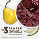 Duck liver, pear, and a bowl of pet food with text about ingredients on a white background