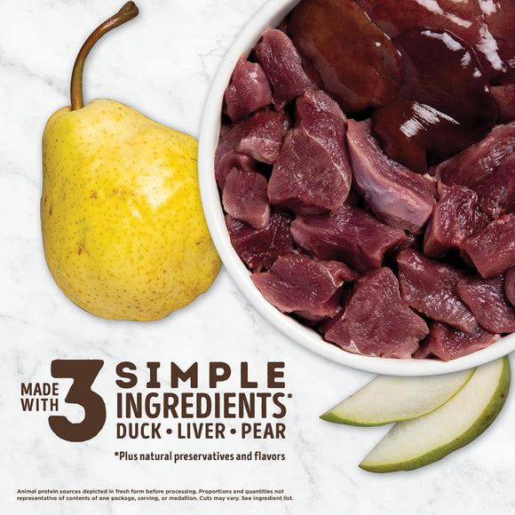 Duck liver, pear, and a bowl of pet food with text about ingredients on a white background