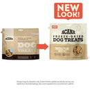 Comparison of Acana freeze-dried dog treats packaging with 'NEW LOOK!' text above.