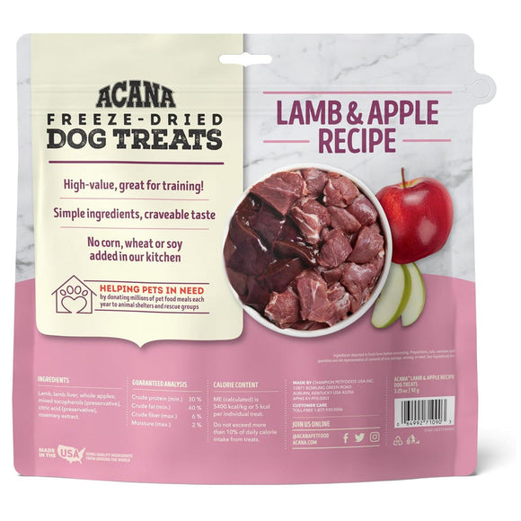 Acana freeze-dried dog treats packaging with lamb and apple recipe on a white background