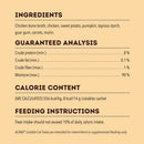 Product label with ingredients, guaranteed analysis, calorie content, and feeding instructions on a beige background.