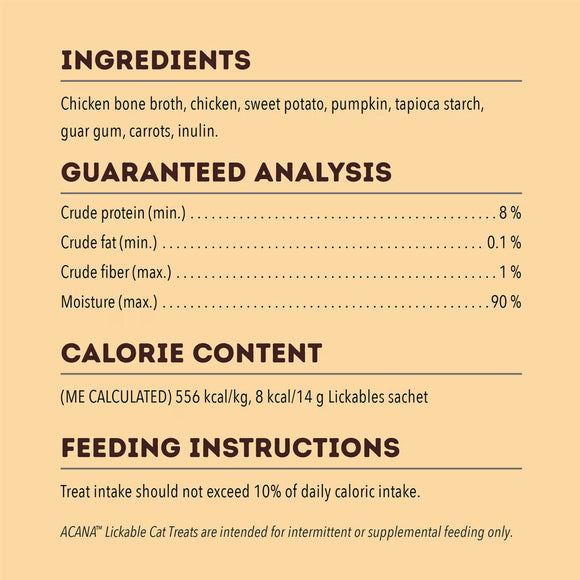 Product label with ingredients, guaranteed analysis, calorie content, and feeding instructions on a beige background.