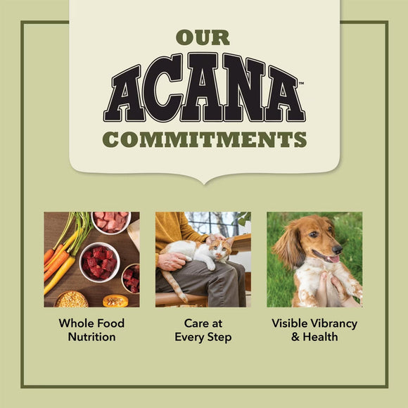 Acana pet food brand commitments with images of food, a person with a cat, and a dog on a green background.