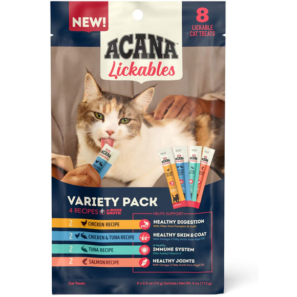 Acana Lickables cat treats variety pack with a cat on the packaging.