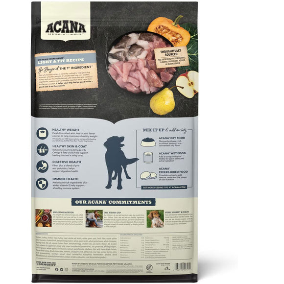Acana pet food package with ingredients and branding on a white background