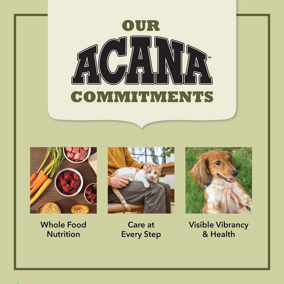 Acana pet food brand commitments with images of food, a person with a cat, and a dog on a green background.
