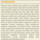 List of ingredients for a pet food product on a beige background