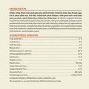 Dog food ingredient list and guaranteed analysis on a beige background