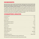 Dog food ingredient list and guaranteed analysis on a beige background