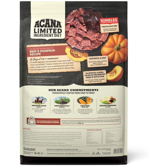 Acana Limited Ingredient Diet dog food package with beef and pumpkin ingredients on a white background