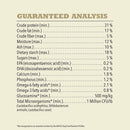 Guaranteed analysis chart for a pet food product on a beige background
