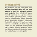 List of ingredients for a pet food product on a beige background