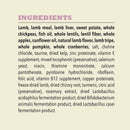 List of ingredients for a pet food product on a beige background