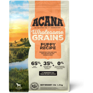 Acana Wholesome Grains Puppy Recipe dog food package with scenic background