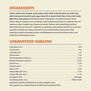 Ingredients and guaranteed analysis chart for a pet food product on a white background