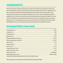 Dog food ingredient list and guaranteed analysis on a white background