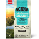 Acana Wholesome Grains Puppy Sea & Farm Recipe dog food package with scenic background