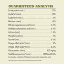 Nutritional analysis chart for a pet food product on a beige background