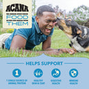 Man lying on grass with a dog, with Acana pet food advertisement text overlay.