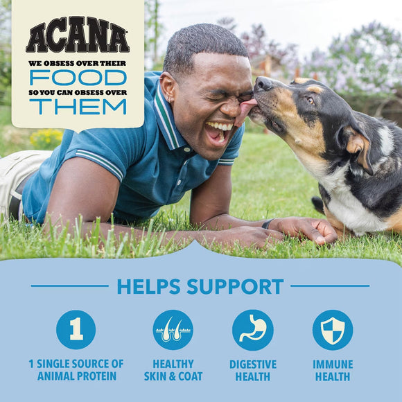 Man lying on grass with a dog, with Acana pet food advertisement text overlay.
