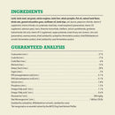 Dog food ingredient list and guaranteed analysis on a green background