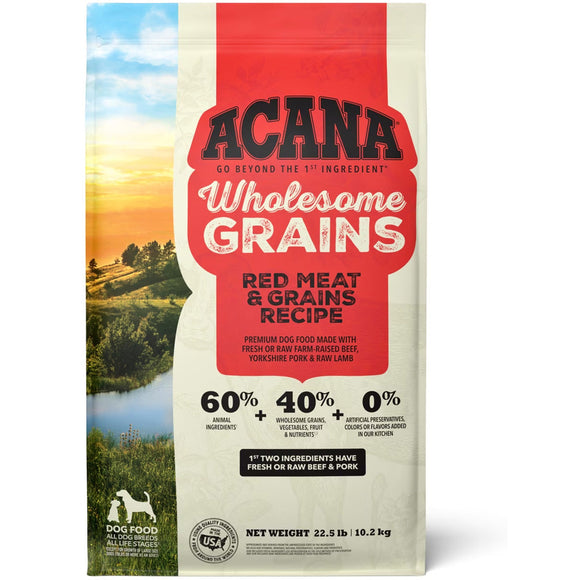 Acana Wholesome Grains Red Meat & Grains recipe dog food packaging with scenic background