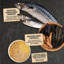 Raw fish and ingredients on a dark surface with text labels.