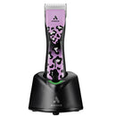 Andis hair clipper with purple camouflage design on a white background