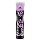 Andis hair clipper with purple and black camouflage design on a white background