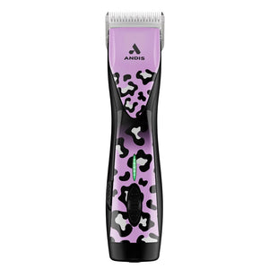 Andis hair clipper with purple and black camouflage design on a white background