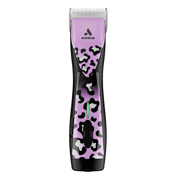 Andis hair clipper with purple and black camouflage design on a white background