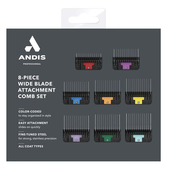Andis 8-piece wide blade attachment comb set packaging on a white background