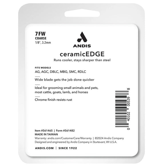 Andis ceramicEDGE blade packaging with product details on a white background