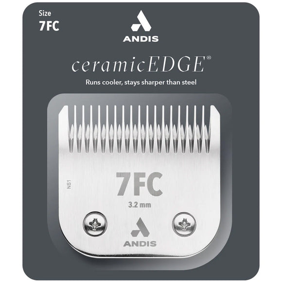 Andis ceramicEDGE hair clipper blade with size 7FC on a gray background