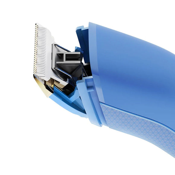Close-up of a blue grooming tool with visible internal components on a white background