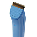 Blue hair clipper with gold comb on a white background